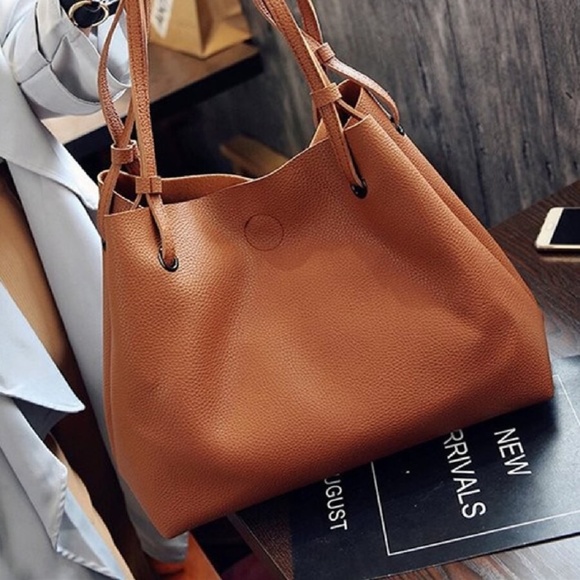 Camel Vegan Leather Tote Bag Wallet Set - Picture 6 of 7